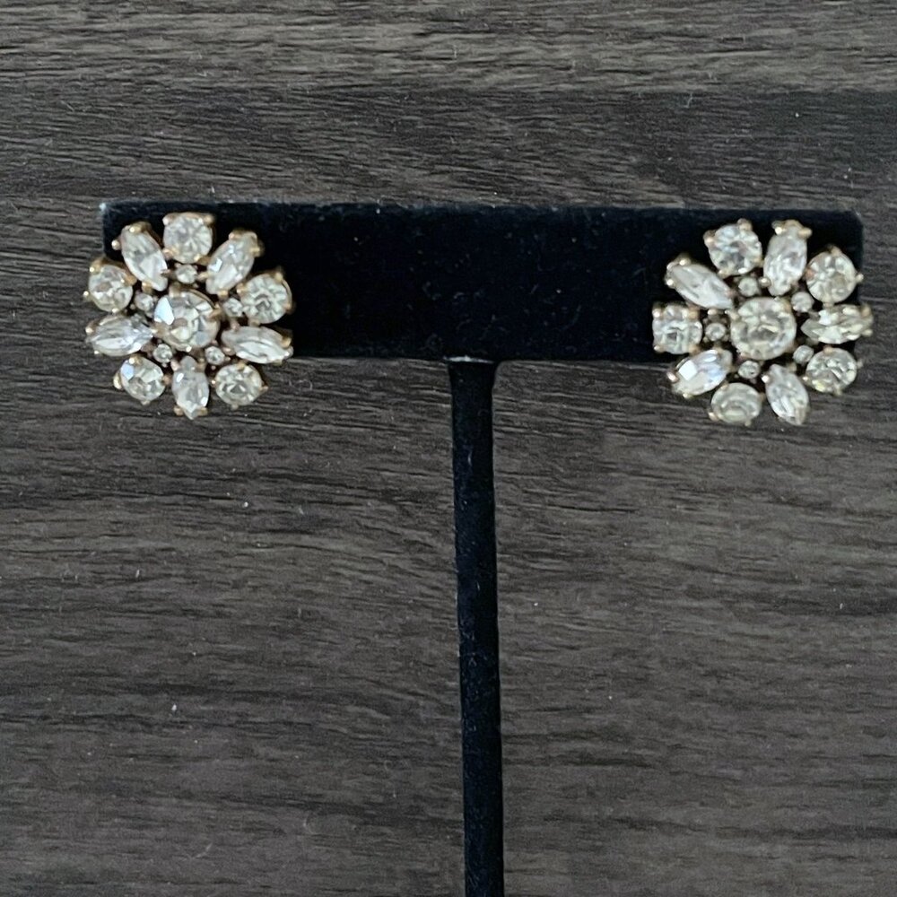 J Crew Clear Crystal Sunburst Gold Tone Round Pierced Stud Earrings 75 25$